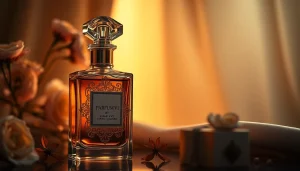 Elegant presentation of parfum vi by gianni vive sulman in a luxurious setting with floral accents.