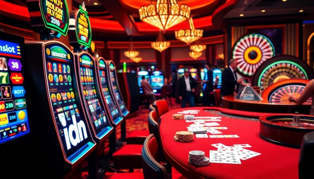 Players celebrating wins at idnslot machines in a vibrant casino scene filled with poker tables and roulette wheels.