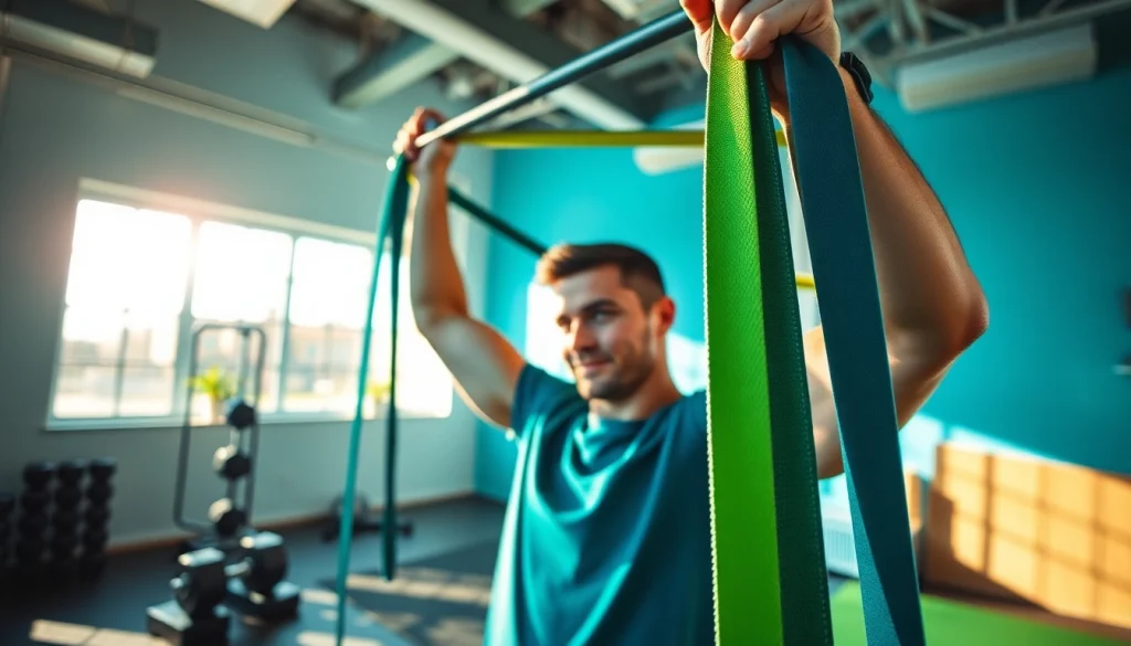 Person using stretch bands for pull-ups in a bright gym, showcasing resistance bands.