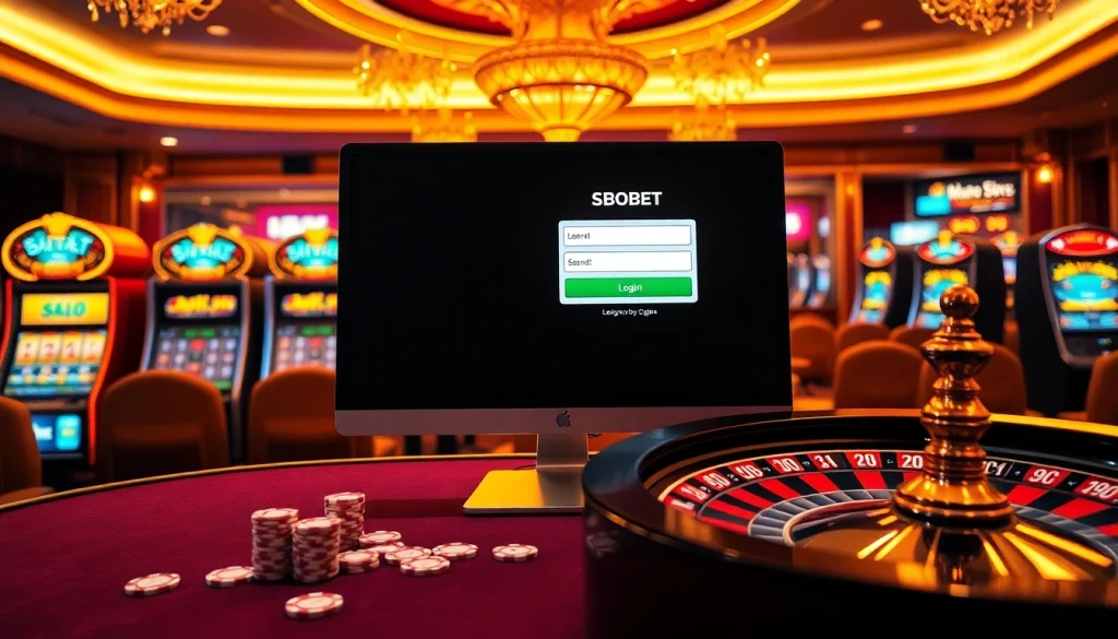 Engage with the SBOBET login interface amidst a thrilling casino backdrop full of vibrant gaming elements.