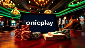 Experience onicplay gaming with vibrant poker chips and cards on a luxury casino table.