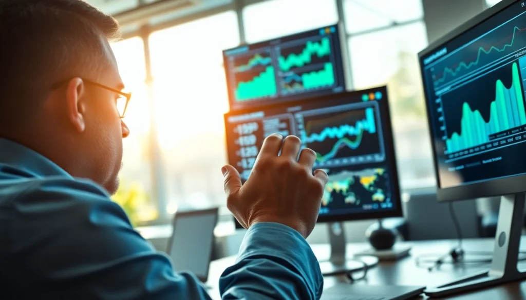 Analyzing competitive intelligence data in a modern workspace setting with digital screens.