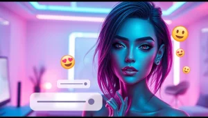 Interactive NSFW character AI engaging in a digital conversation in a modern virtual setting.