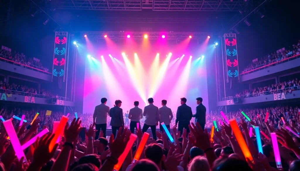 BTS news showcasing the energetic concert scene of the K-pop group BTS with vibrant lights and cheering fans.