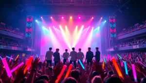 BTS news showcasing the energetic concert scene of the K-pop group BTS with vibrant lights and cheering fans.