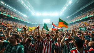 Experience the excitement of ผลบอลล่าสุด with passionate football fans cheering in a vibrant stadium.