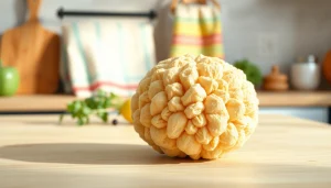 Using a kitchen loofah on a wooden countertop with herbs, showcasing its texture.
