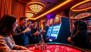 Slot demo mahjong experience with excited players around a vibrant machine, capturing the essence of casino excitement.