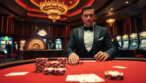 Découvrez l'excitation du meilleur casino en ligne 2026 avec une scène de poker dynamique comprenant des cartes et des jetons élégants.