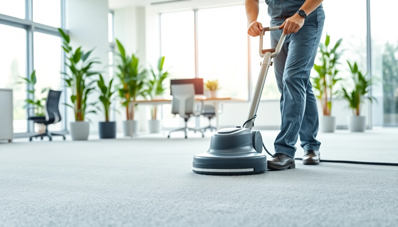 Efficient commercial carpet cleaning process in a modern office environment.