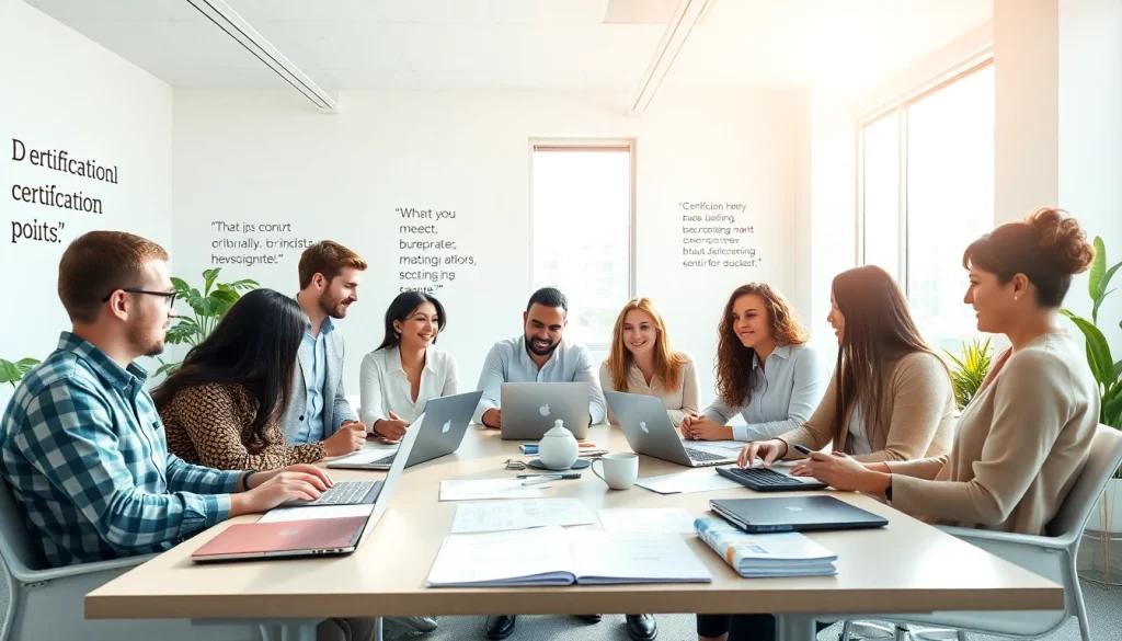 Options to get certified in a collaborative office setup showcasing diverse professionals.