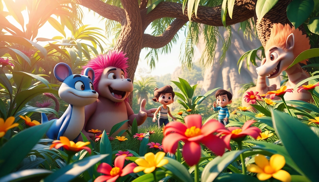 3D Animation characters interacting in a vibrant jungle environment, showcasing creativity and imagination.