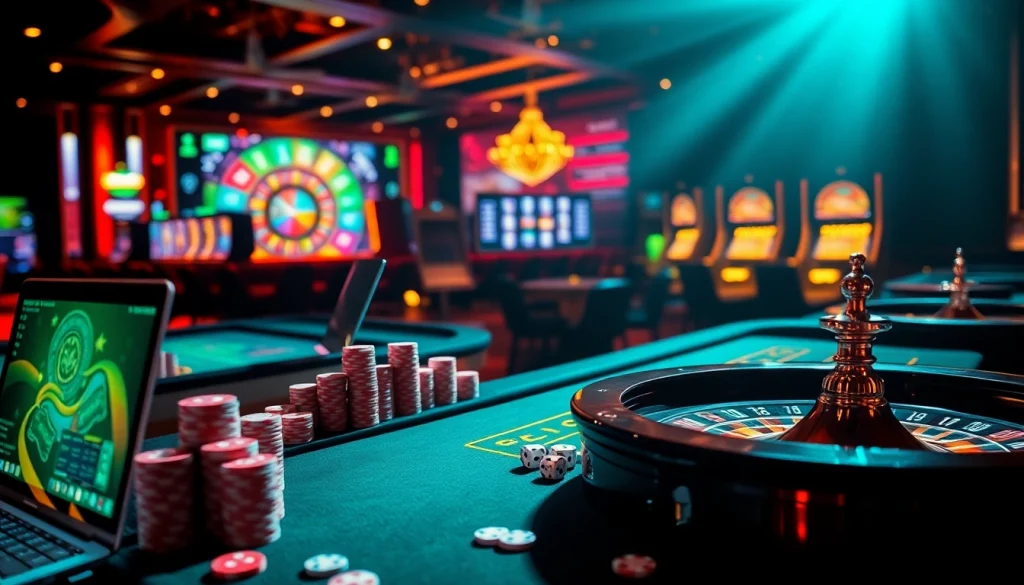 Visuels engageants de jeux d'argent en ligne présentant un casino en ligne fiable avec des tables et des jetons.