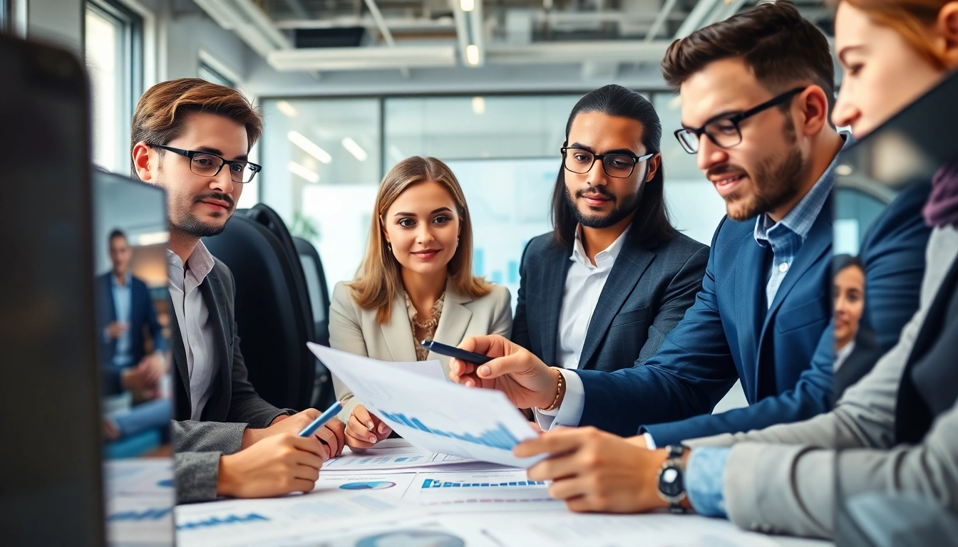 Analyze AI for competitor analysis in a modern office with diverse professionals coordinating data.