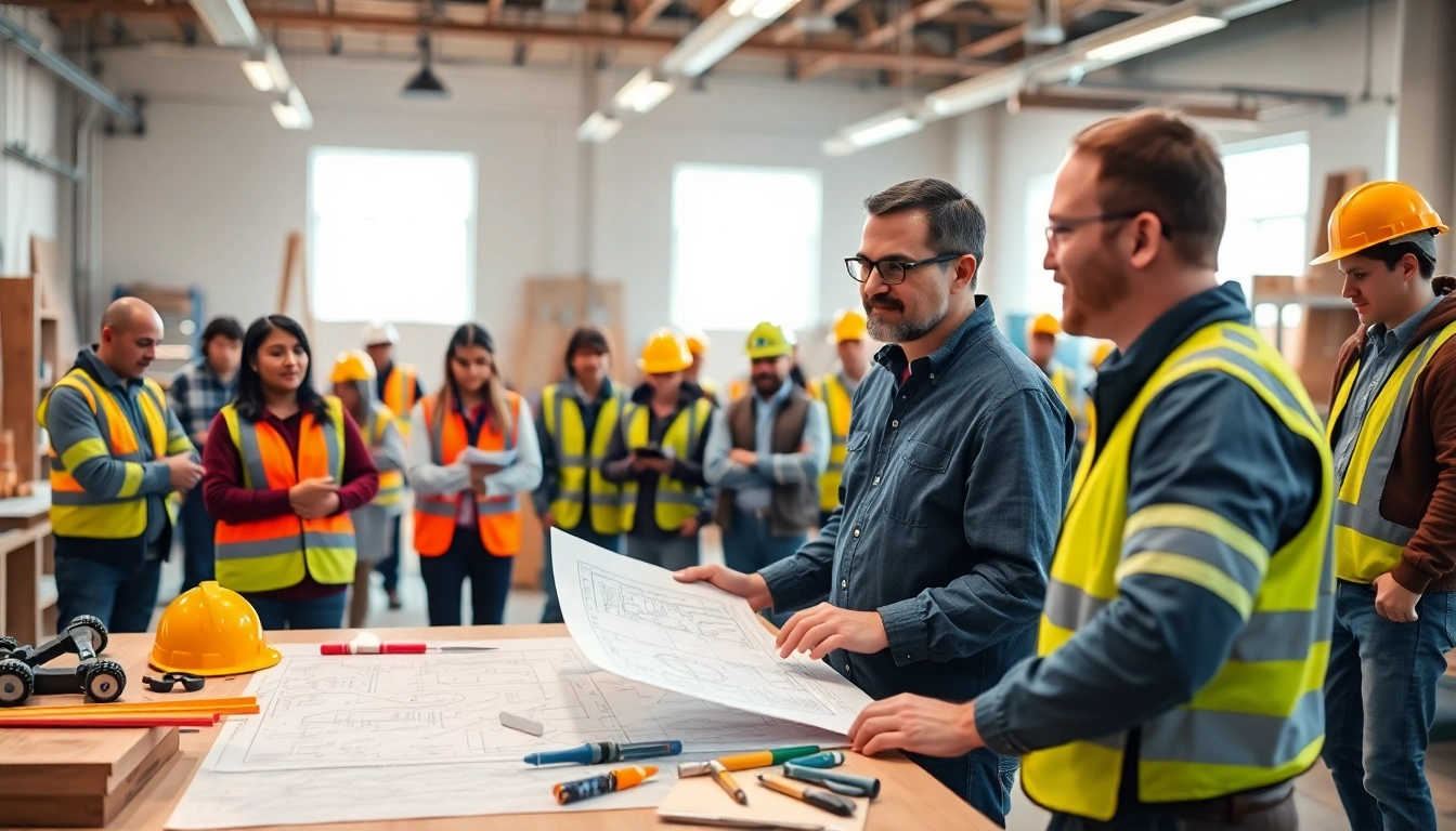 Engage in hands-on construction training with diverse professionals in a bright workshop.