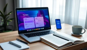 Youdao translation interface on a sleek laptop in a modern workspace, showcasing language learning tools.