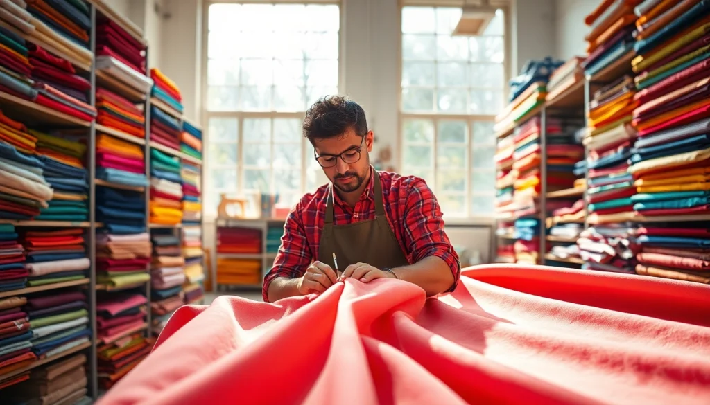 Een ontwerp van een artisan die werkt met zachte stof voor kleding in een heldere, luchtige werkplaats