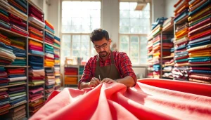 Een ontwerp van een artisan die werkt met zachte stof voor kleding in een heldere, luchtige werkplaats