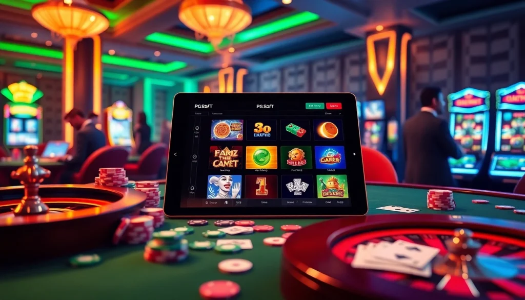 Experience PG Soft games with vibrant casino visuals featuring poker chips and slot machines.