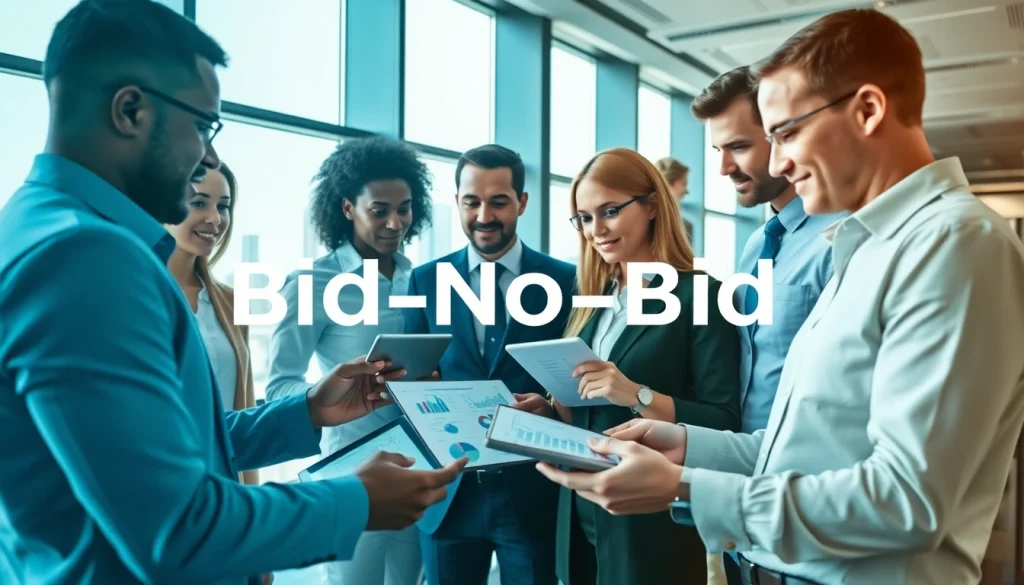 Dynamic team conducting a Bid-No-Bid Analysis in a contemporary office setting.