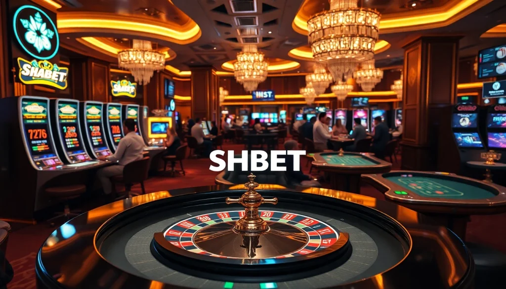 Players engaging in excitement at SHBET casino featuring roulette and poker tables.