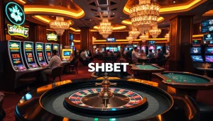 Players engaging in excitement at SHBET casino featuring roulette and poker tables.