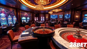 Experience the excitement of 28BET with vibrant casino scenes, poker tables, and lively players.