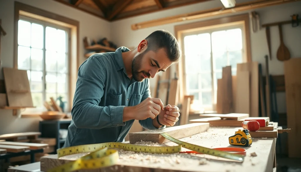 Skilled carpenter engaged in carpentry apprenticeship at a workshop, showcasing craftsmanship.