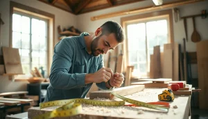 Skilled carpenter engaged in carpentry apprenticeship at a workshop, showcasing craftsmanship.