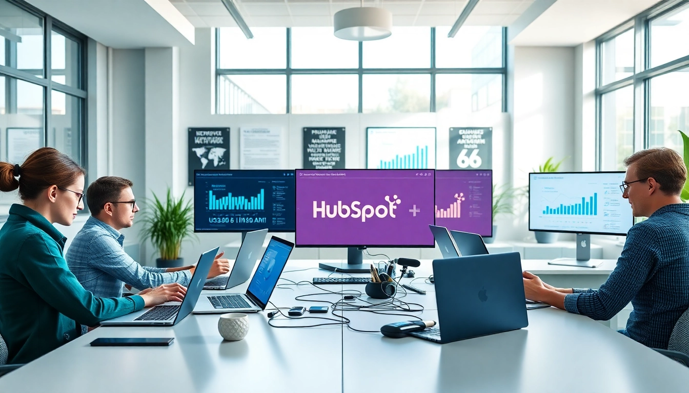 Focus on a vibrant workspace involving agencia hubspot strategies and teamwork for impactful marketing.