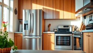 Explore essential home appliances in a modern kitchen showcasing sleek design and vibrant ambiance.