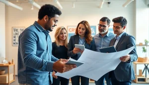 Construction advocacy team collaborating on plans in a modern workspace, highlighting teamwork and innovation.