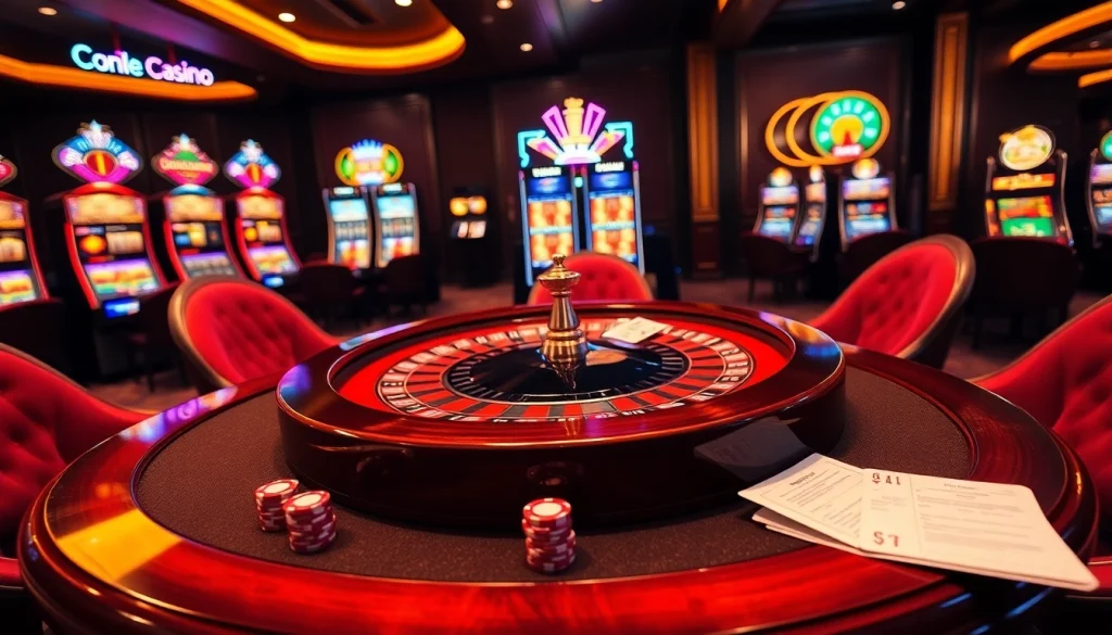 Scène engageante de casino en ligne fiable mettant en avant le poker, la roulette et les machines à sous.