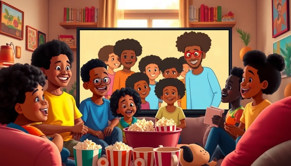 A group of children enjoying African American Cartoons in a lively, culturally rich setting.