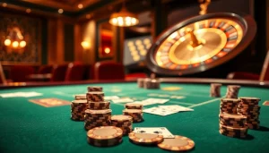Scène de casino captivante illustrant une expérience de casino en ligne fiable avec des jetons de poker et une roulette.