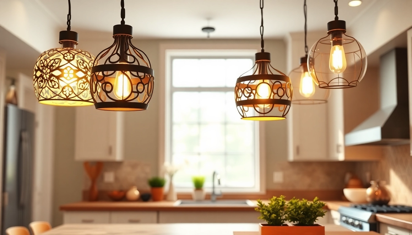 Elegant island light fixtures illuminating a modern kitchen space with warm tones.