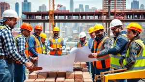 Workers engaged in construction workforce development collaborate on-site with teamwork.