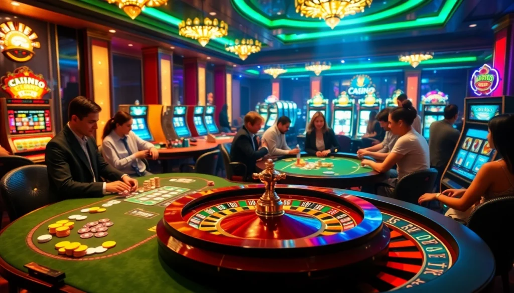 Une scène passionnante dans un casino en ligne fiable mettant en vedette des joueurs divers aux tables de poker et de roulette.