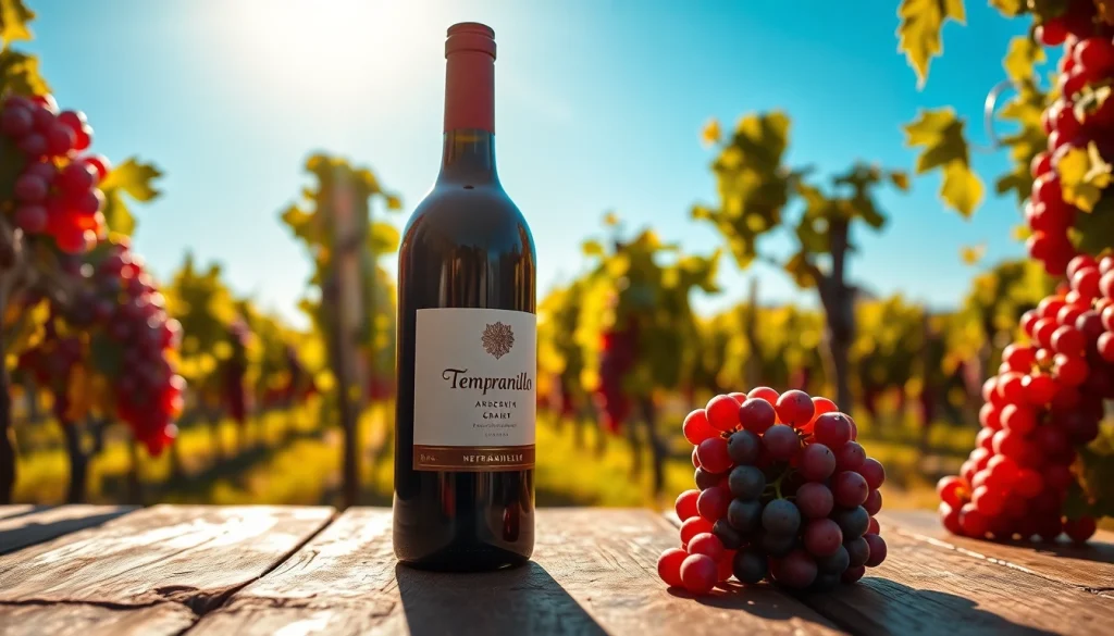 Pouring Tempranillo wine into a glass with ripe grapes in the background.