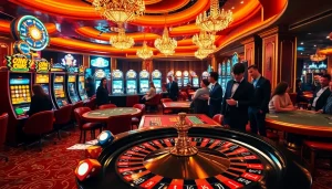 Expérience de casino en ligne fiable montrant des joueurs engagés à la table de roulette et aux machines à sous.