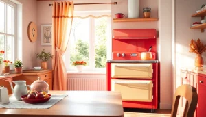 Highlighting a Retro Oven in a vibrant kitchen, capturing its classic design and cheerful atmosphere.