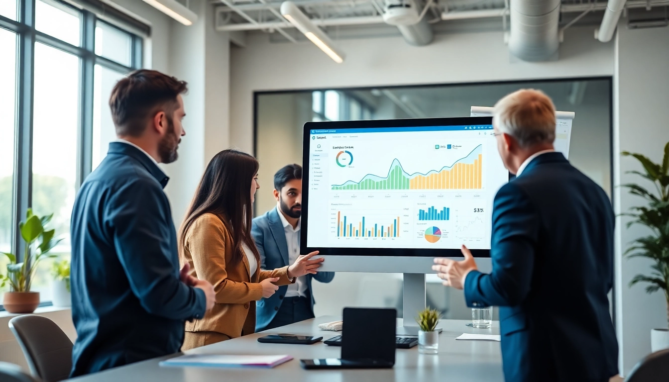 Analyze SEO performance trends with a diverse team in a modern office setting.