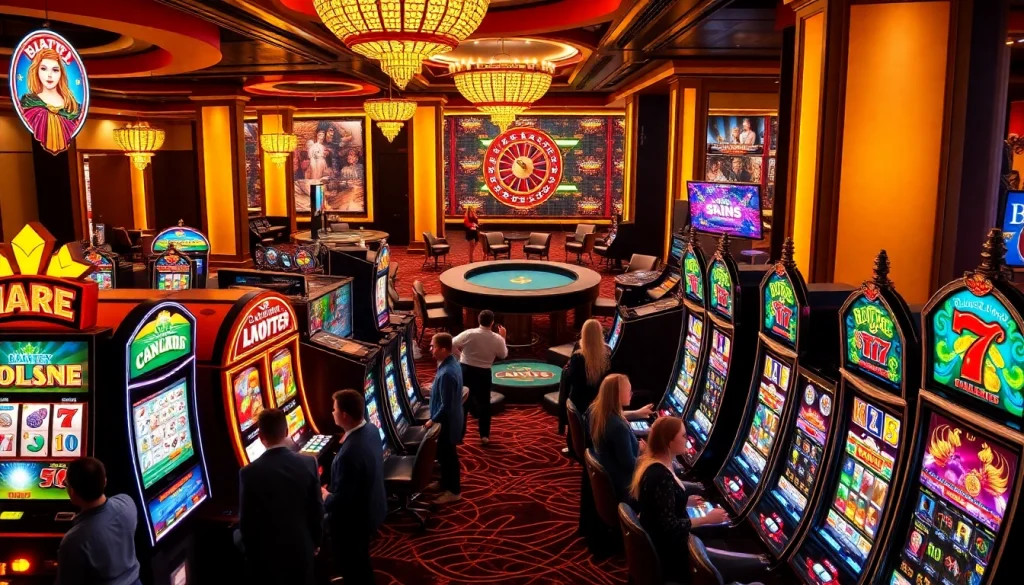 Players enjoying a vibrant slot machine experience at a luxury casino.