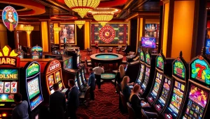 Players enjoying a vibrant slot machine experience at a luxury casino.