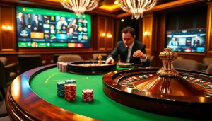 Scène engageante présentant un casino en ligne fiable avec des jetons de poker et une roue de roulette.