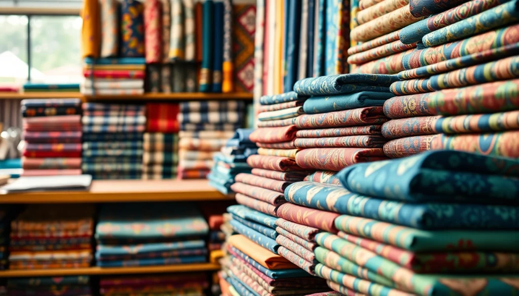 Stoffen online bekijken in een sfeervolle stoffenwinkel met kleurrijke textielen.