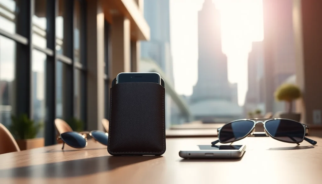 Handytasche Magnetverschluss auf einem eleganten Tisch mit lebendigen Details, ideal für stilbewusste Benutzer.