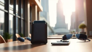 Handytasche Magnetverschluss auf einem eleganten Tisch mit lebendigen Details, ideal für stilbewusste Benutzer.