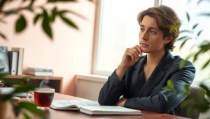 An individual reflecting on anxiety symptoms in a calm office setting with soothing colors.