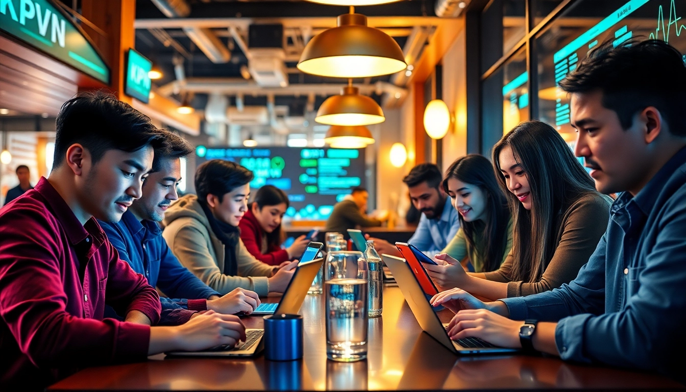 在现代咖啡馆环境中,用户跨设备连接到快连VPN,强调安全与科技。